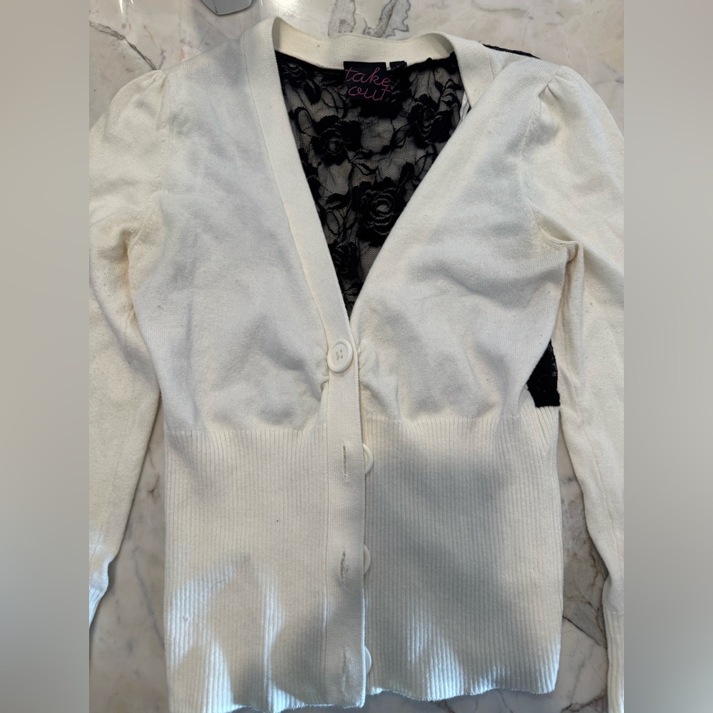 Elegant White with Black Lace in the back Cardigan Sweater